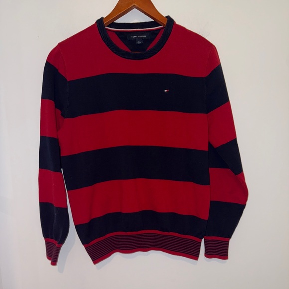 Tommy Hilfiger Men's Cotton Red & Blue Stripe Pullover Crewneck Sweater, sz M - Picture 1 of 13